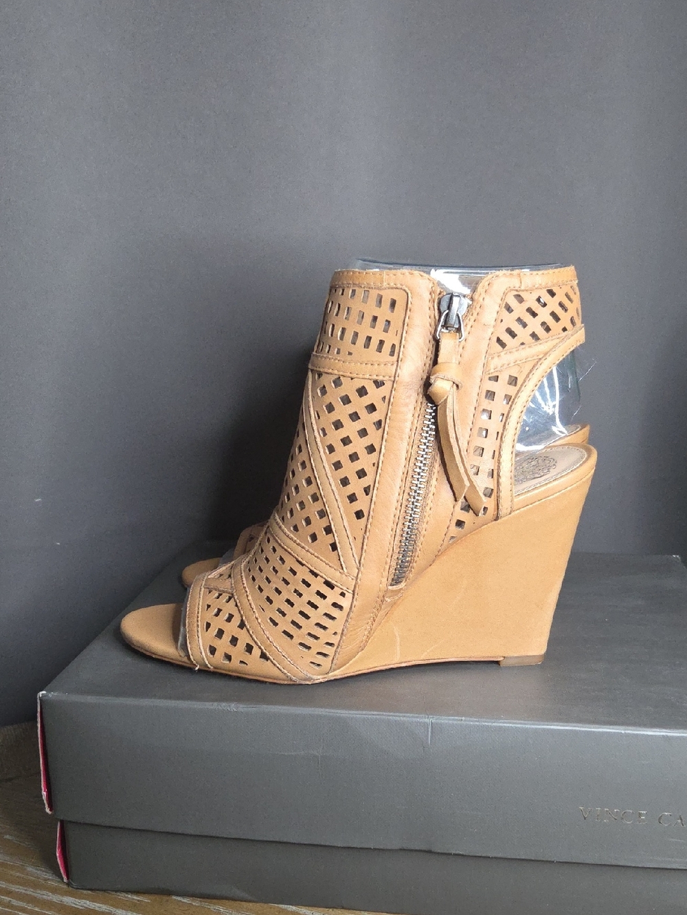 Vince Camuto Cutout Peep-Toe Wedge Sandal in Camel